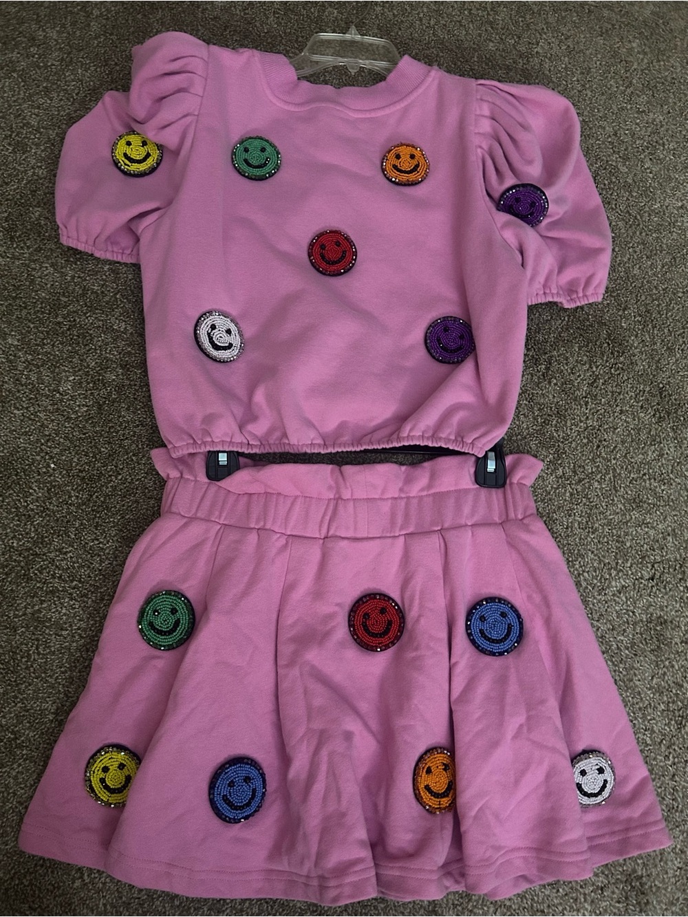 Queen of Sparkles: Pink Two-Piece Smiley Face Set (Shirt and Skort)